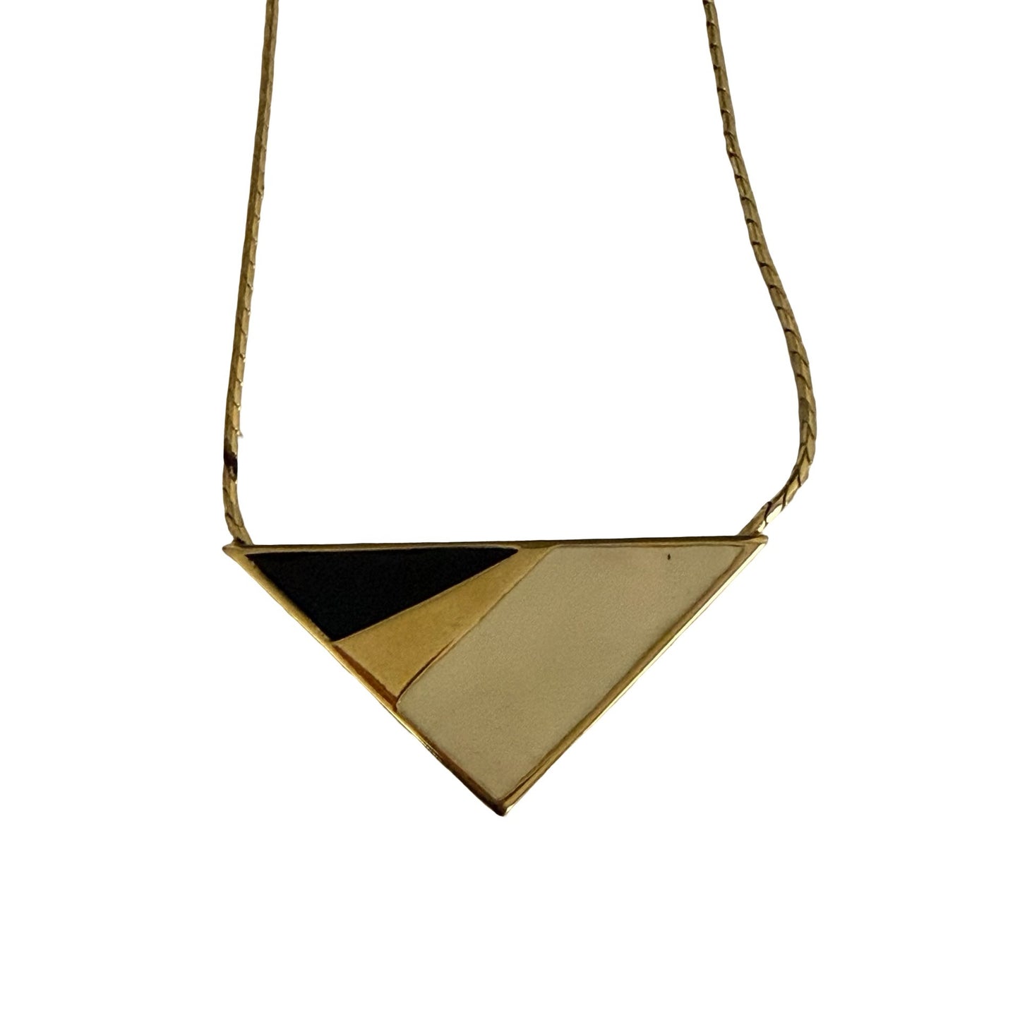 Monet Geometric Enamel Pendant Necklace Black Cream Gold Tone 14 Inch Vintage