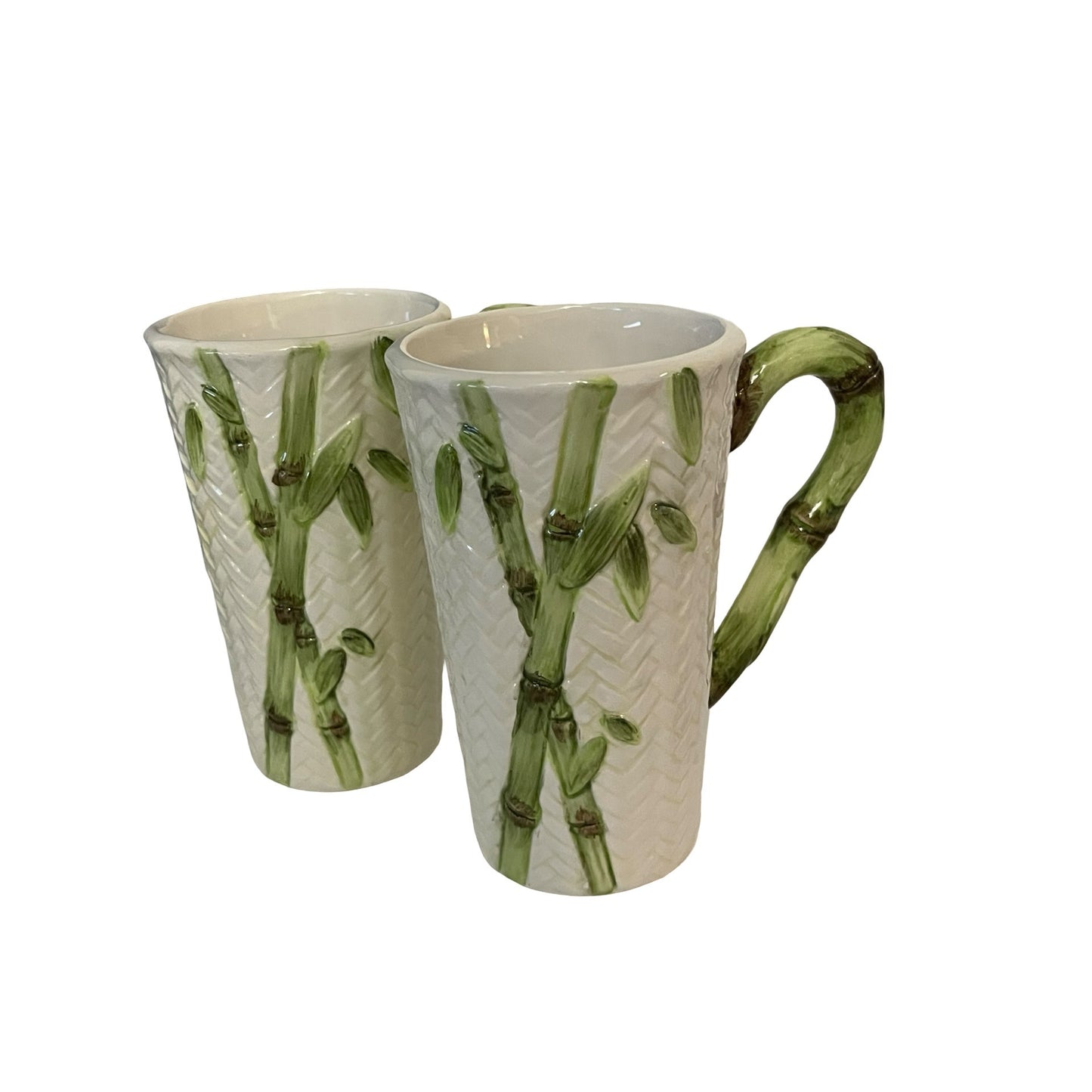Vintage Bamboo Rattan Hand Painted Mug Set of 2 Cardinal Inc Tall Latte Cups Tropical Ceramic