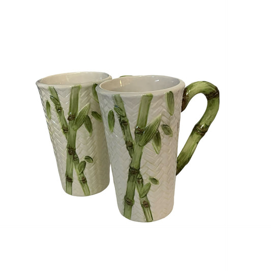 Vintage Bamboo Rattan Hand Painted Mug Set of 2 Cardinal Inc Tall Latte Cups Tropical Ceramic