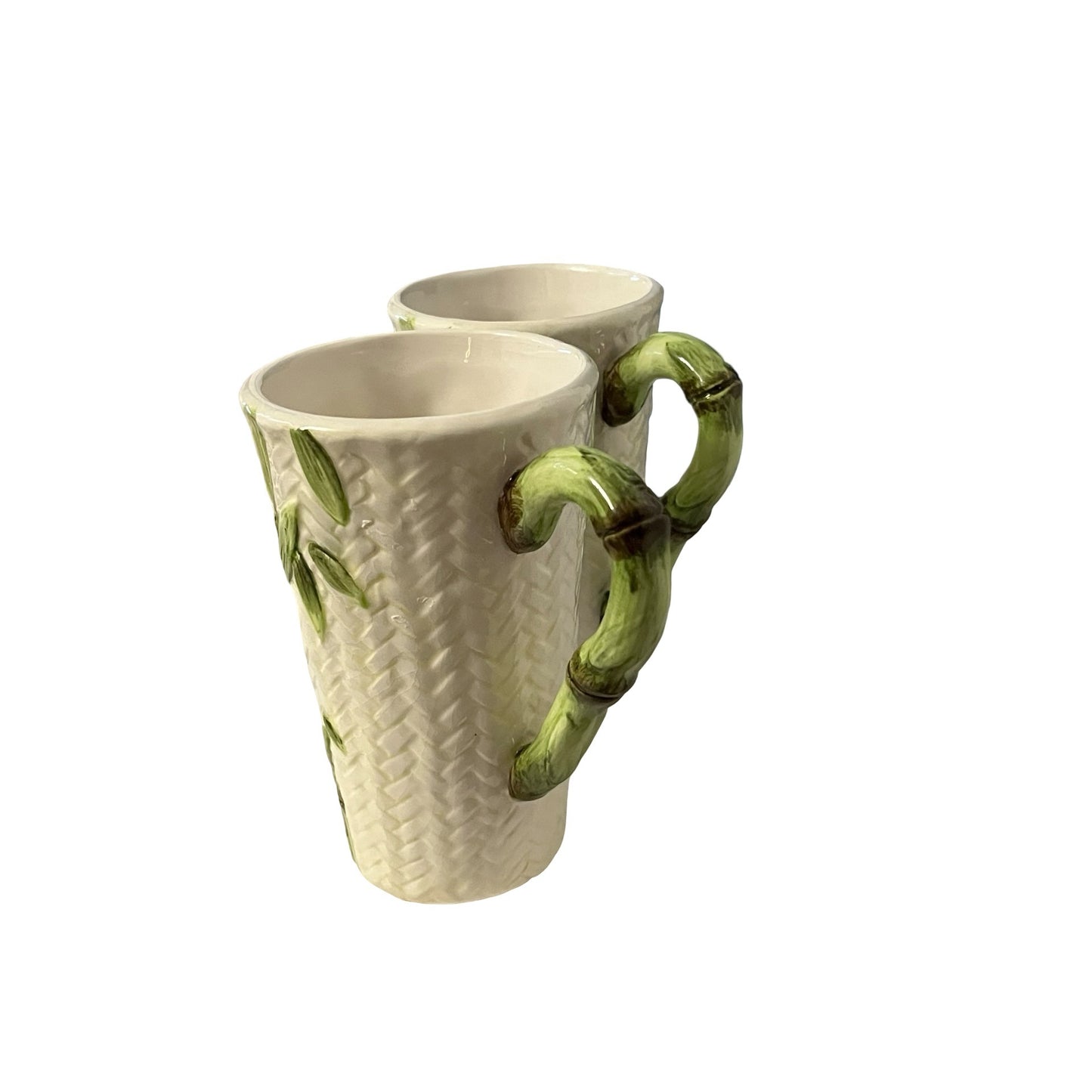 Vintage Bamboo Rattan Hand Painted Mug Set of 2 Cardinal Inc Tall Latte Cups Tropical Ceramic