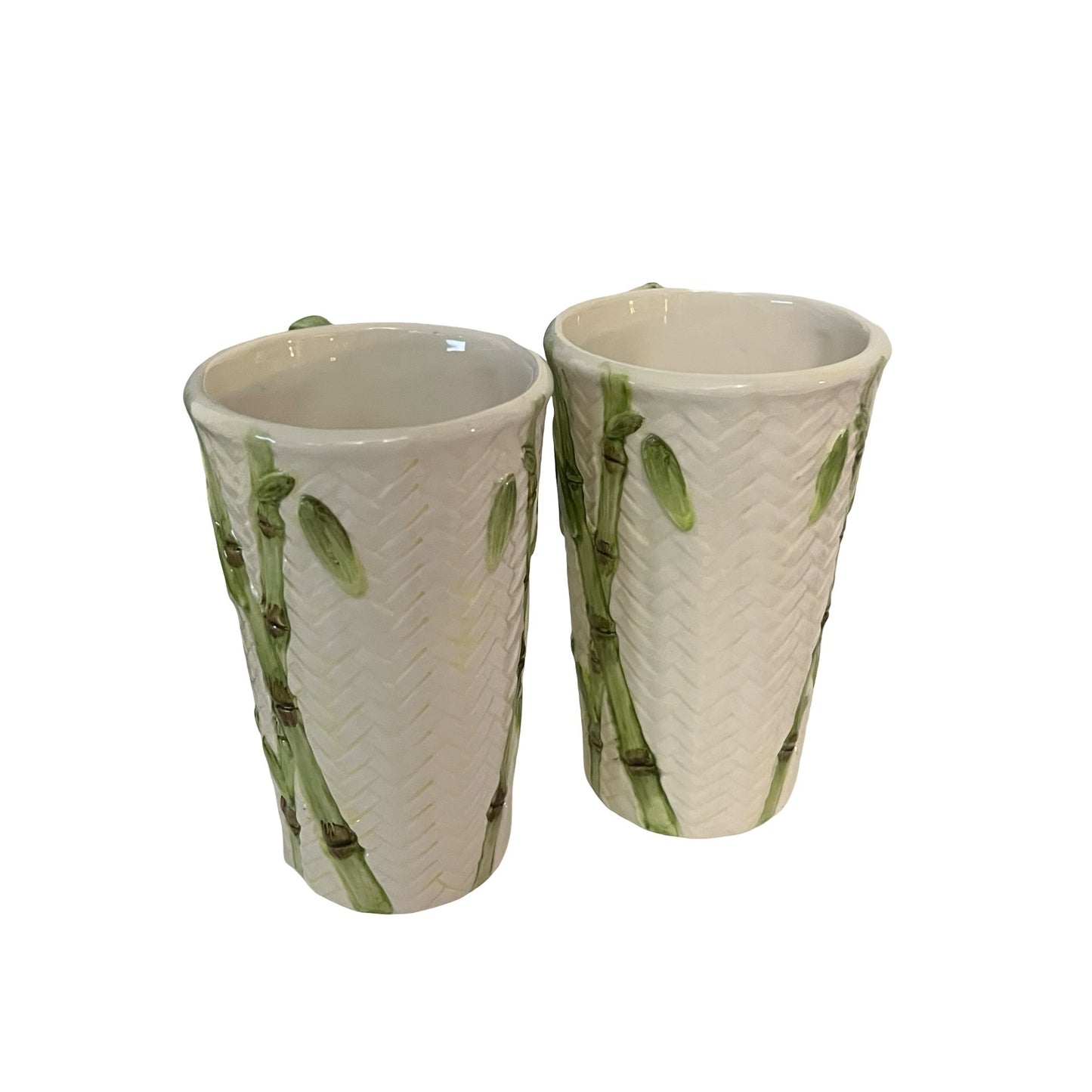 Vintage Bamboo Rattan Hand Painted Mug Set of 2 Cardinal Inc Tall Latte Cups Tropical Ceramic