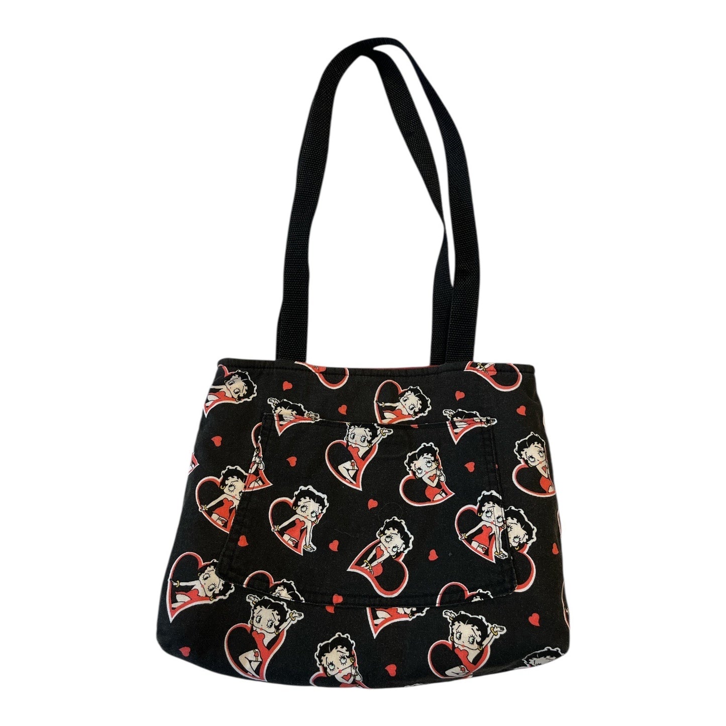 Handmade Betty Boop Shoulder Bag – Retro Cartoon Heart Print – Red Lining – 10 x 12 in – 12” Drop