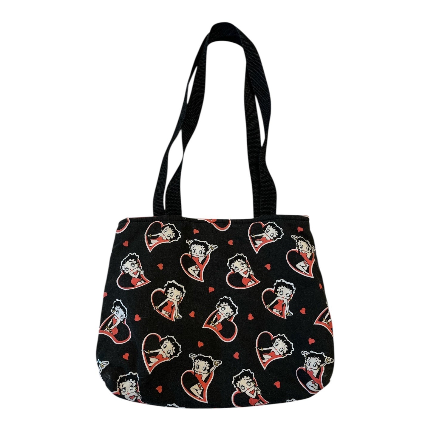 Handmade Betty Boop Shoulder Bag – Retro Cartoon Heart Print – Red Lining – 10 x 12 in – 12” Drop