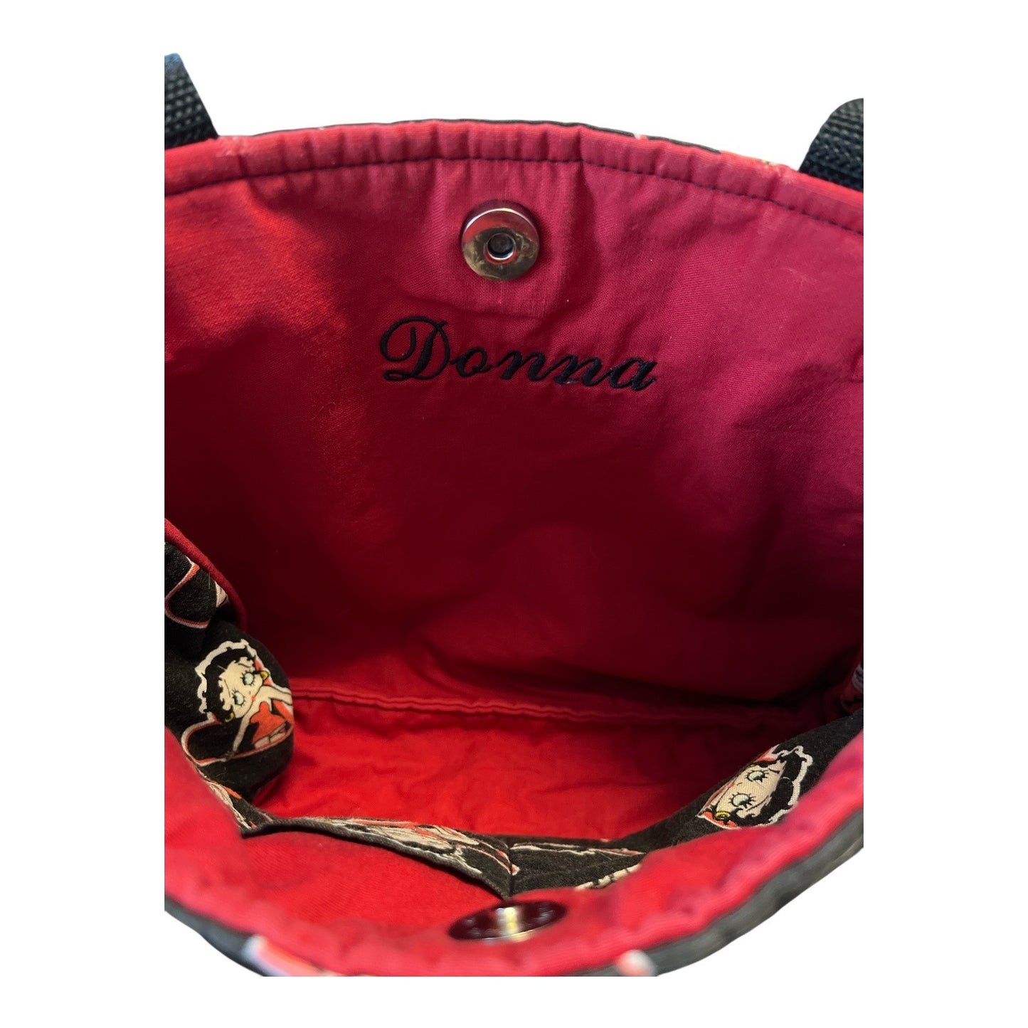 Handmade Betty Boop Shoulder Bag – Retro Cartoon Heart Print – Red Lining – 10 x 12 in – 12” Drop