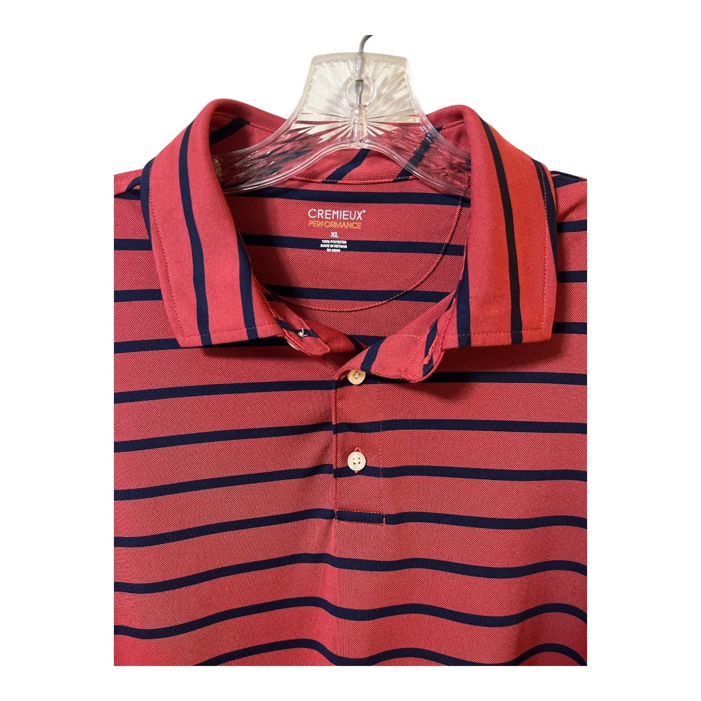 Cremeux Men’s XL Coral Red Navy Striped Polo Shirt Performance Short Sleeve