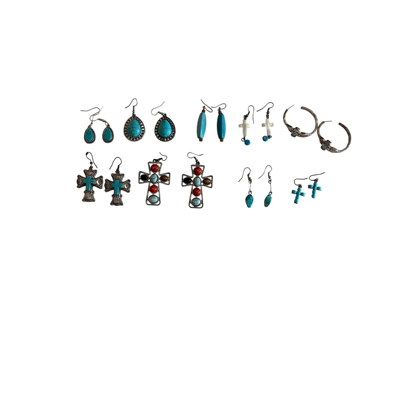 Vintage Earrings Lot 9 Pairs Southwestern Style Cross Turquoise Mixed Metal Dangle Hoop Boho Bundle