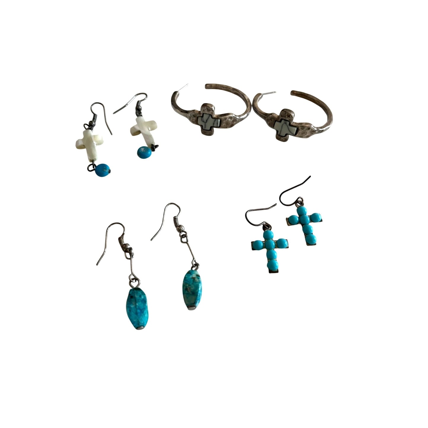 Vintage Earrings Lot 9 Pairs Southwestern Style Cross Turquoise Mixed Metal Dangle Hoop Boho Bundle
