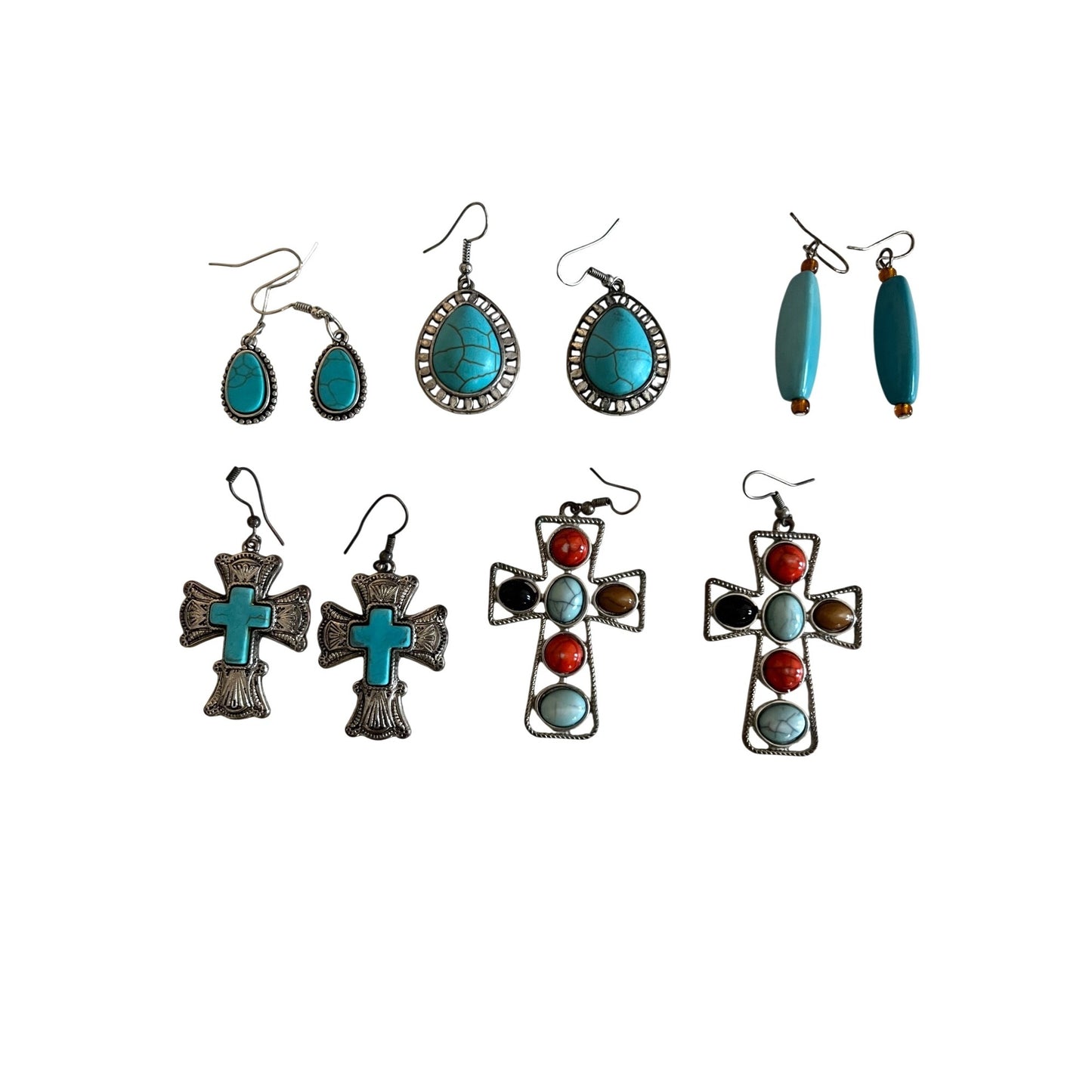 Vintage Earrings Lot 9 Pairs Southwestern Style Cross Turquoise Mixed Metal Dangle Hoop Boho Bundle