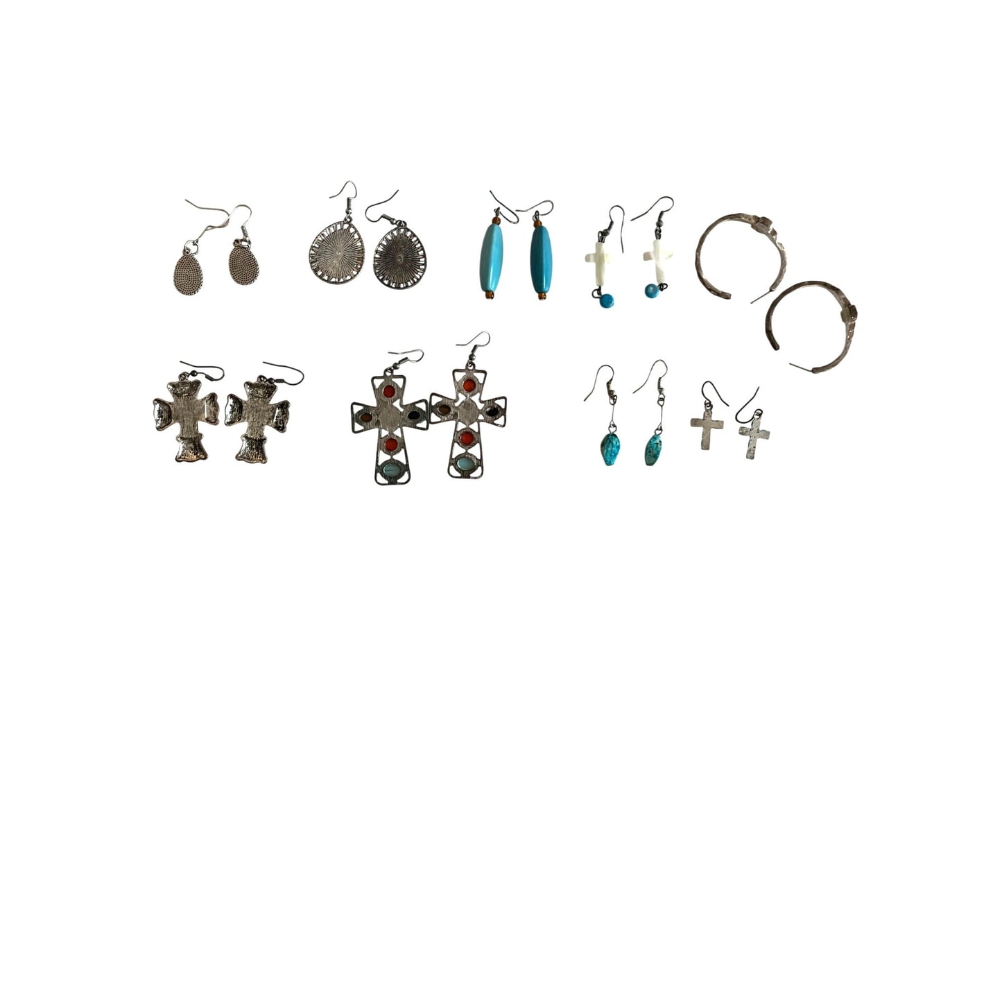 Vintage Earrings Lot 9 Pairs Southwestern Style Cross Turquoise Mixed Metal Dangle Hoop Boho Bundle