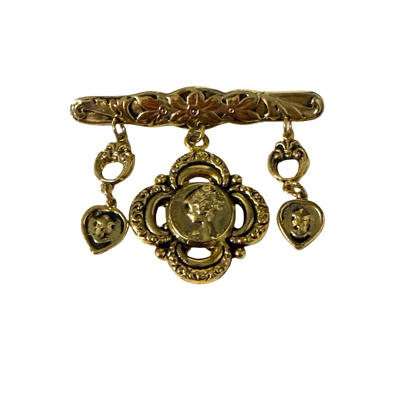 Vintage Cameo Dangle Brooch Gold Tone Floral Bar Pin Victorian Revival