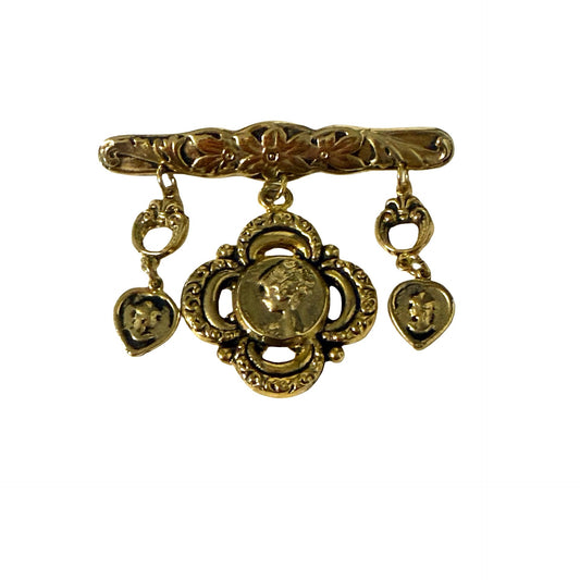 Vintage Cameo Dangle Brooch Gold Tone Floral Bar Pin Victorian Revival