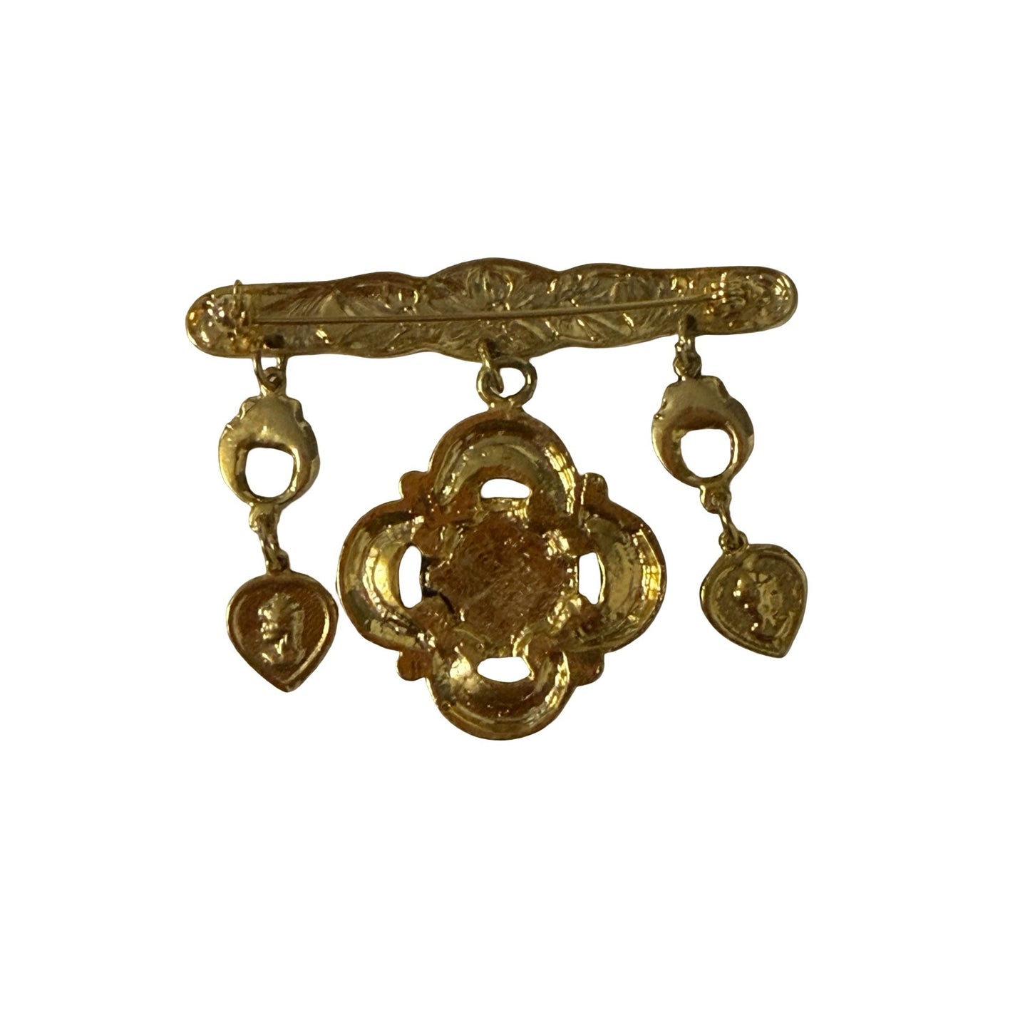 Vintage Cameo Dangle Brooch Gold Tone Floral Bar Pin Victorian Revival