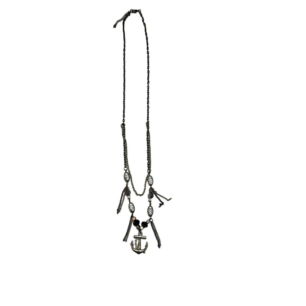 Silver Tone Nautical Anchor Statement Necklace Layered Chain Black Beads 26 Inch