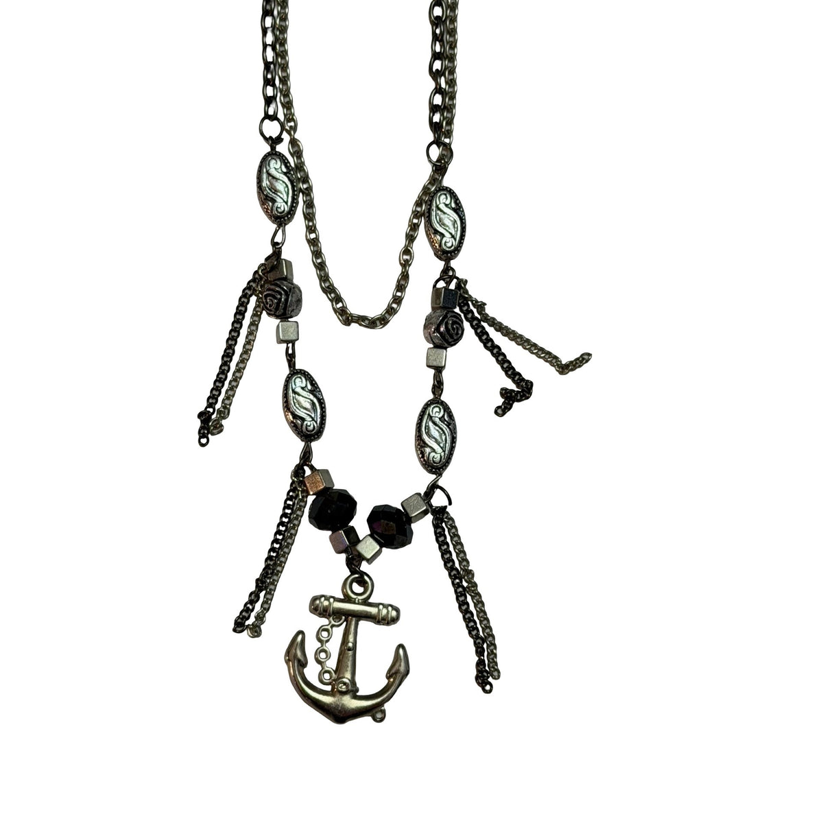 Silver Tone Nautical Anchor Statement Necklace Layered Chain Black Beads 26 Inch