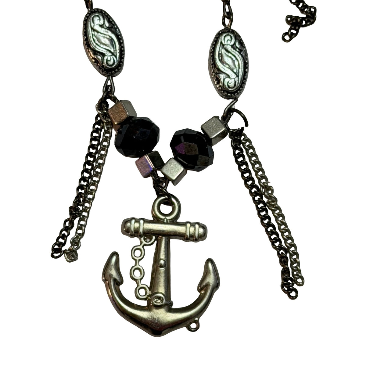 Silver Tone Nautical Anchor Statement Necklace Layered Chain Black Beads 26 Inch