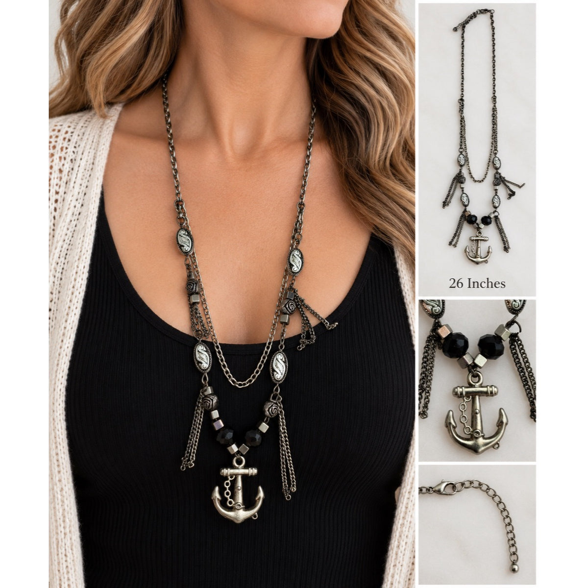 Silver Tone Nautical Anchor Statement Necklace Layered Chain Black Beads 26 Inch