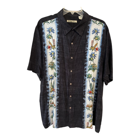 Batik Bay Men's XL Hawaiian Shirt – Black Rayon with Surfboards & Palms – Made in Indonesia