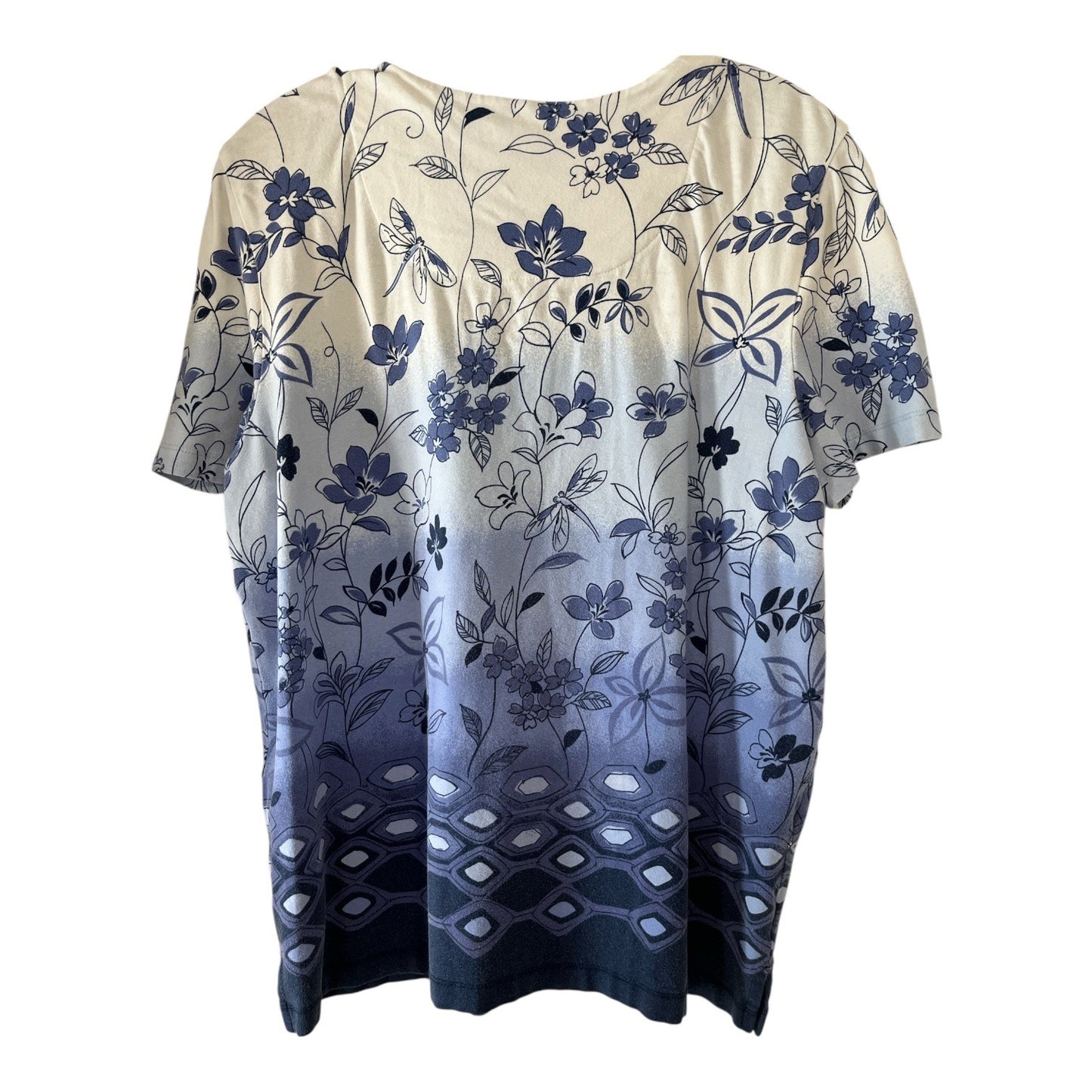 Alfred Dunner Petite Floral Ombre Top Blue White Dragonfly Print PL