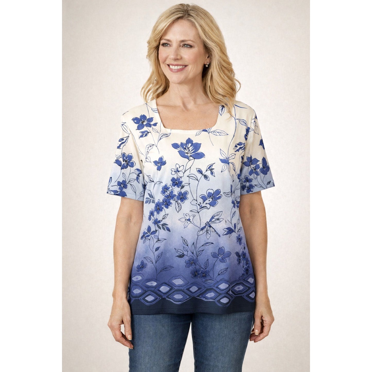 Alfred Dunner Petite Floral Ombre Top Blue White Dragonfly Print PL