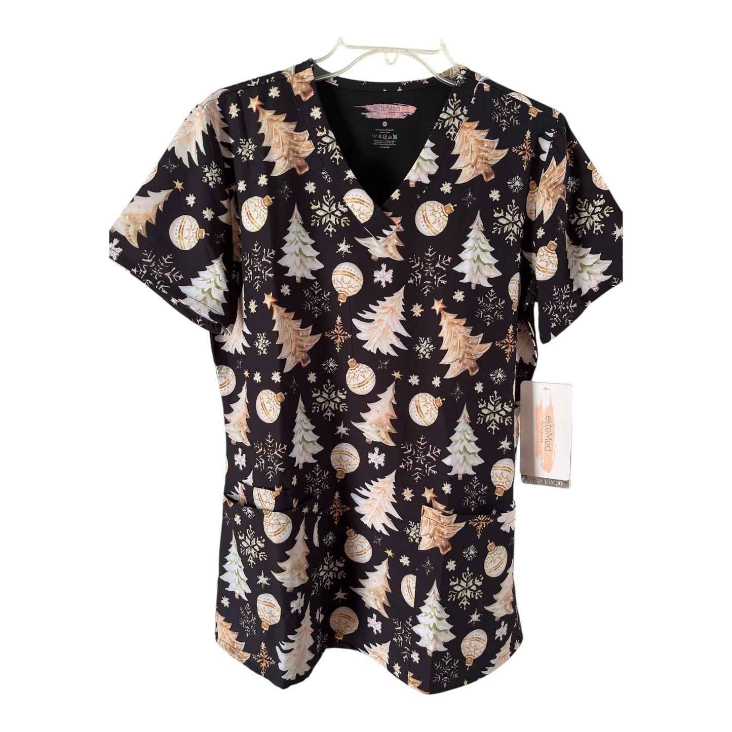Elite Med Women’s Size L Scrub Top – Christmas Holiday Print – NWT