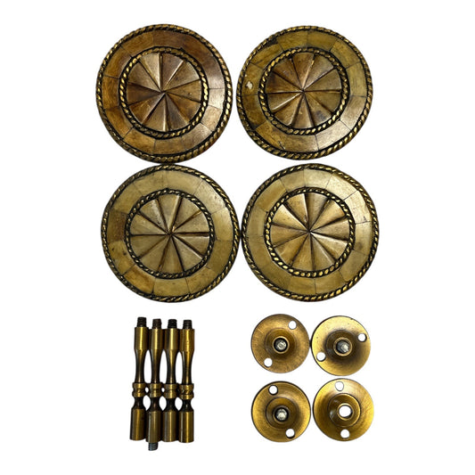 Set of 4 Vintage Brass Mosaic Curtain Tie Backs – 4" Diameter – Ornate Rosette Medallions with Hardware – 1960s–70s – Over 1.5 lbs