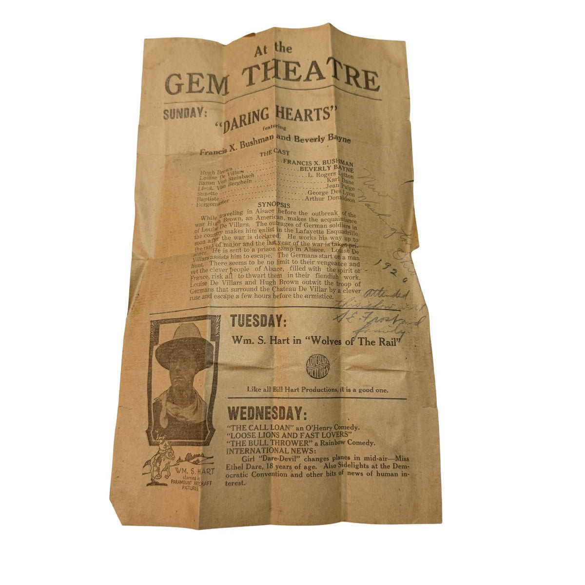 1920 New Washington Ohio Gem Theatre Daring Hearts Lost Silent Film Handbill
