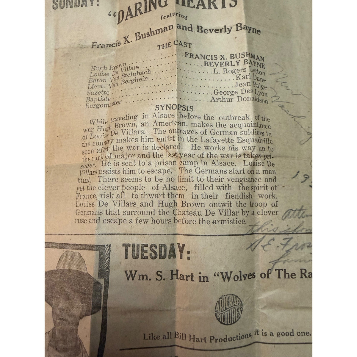 1920 New Washington Ohio Gem Theatre Daring Hearts Lost Silent Film Handbill