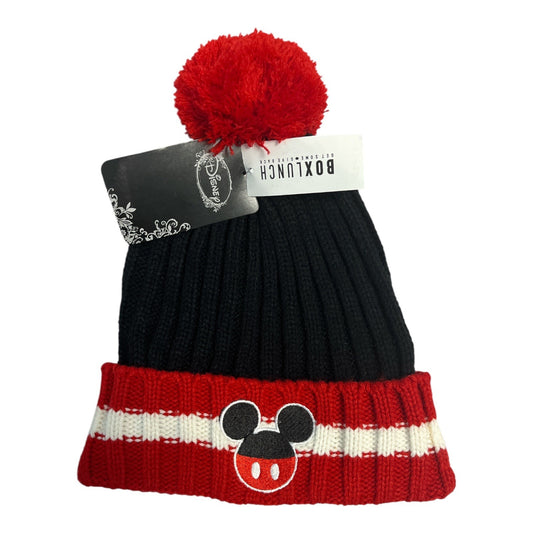 Disney BoxLunch Mickey Mouse Pom Pom Knit Beanie Black Red One Size NWT