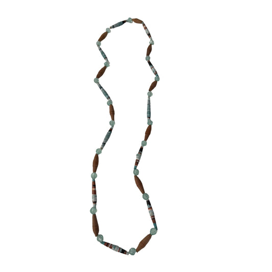 Vintage Paper Bead Necklace Long Boho Artisan Recycled Bead Necklace 30 Inch
