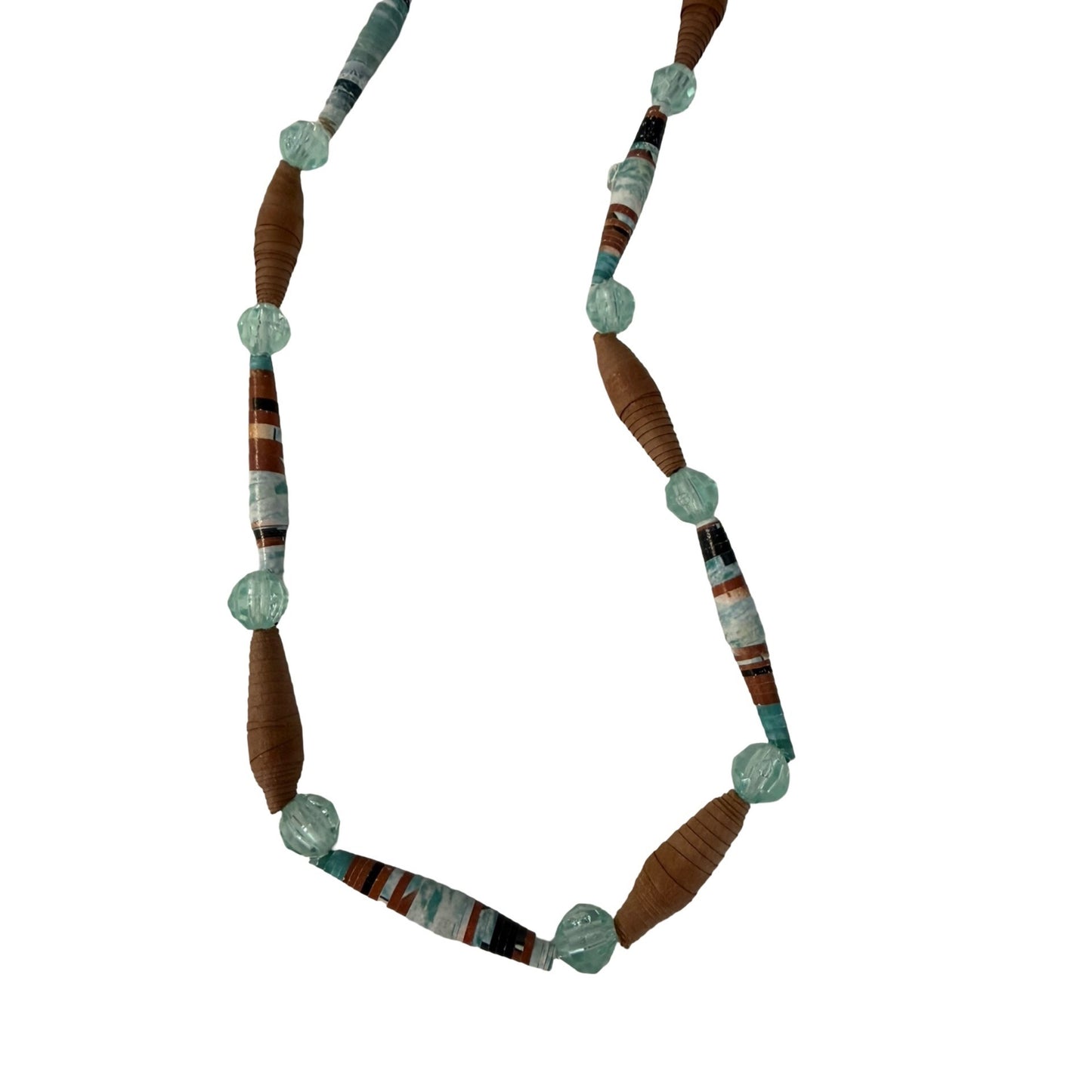 Vintage Paper Bead Necklace Long Boho Artisan Recycled Bead Necklace 30 Inch