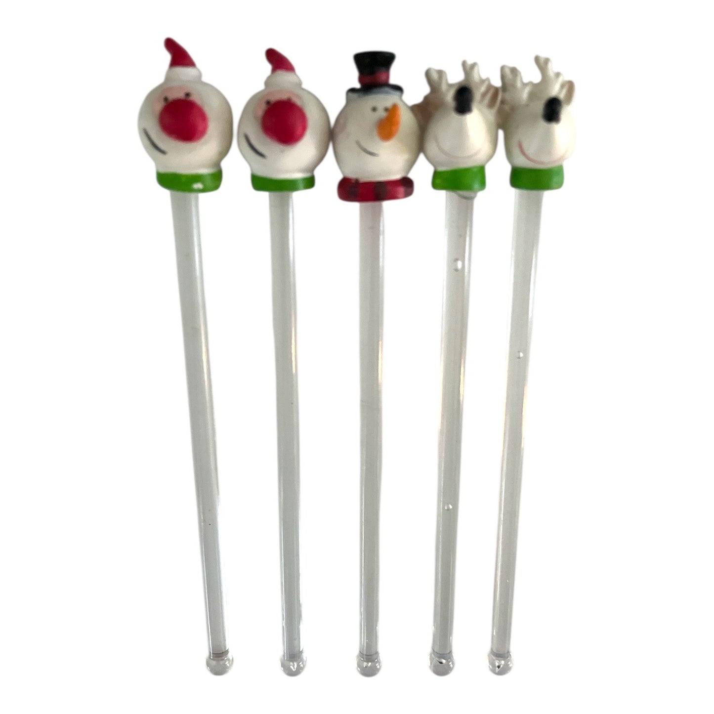 Vintage Christmas Drink Stirrers Set of 5 Snowman Santa Reindeer Holiday Barware