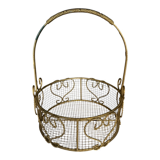 Vintage Gold Wire Basket with Handle – Ornate Filigree Heart Design – Round Metal Mesh Display Basket