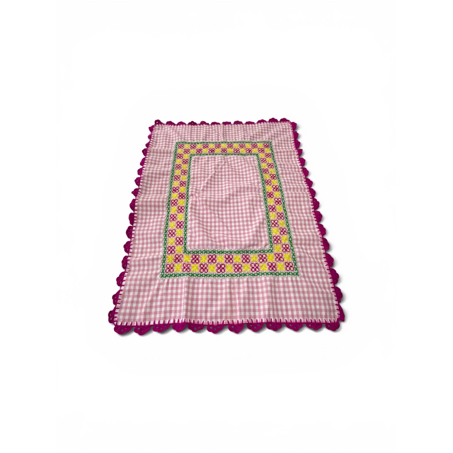Vintage Pink Gingham Embroidered Table Topper Crochet Trim 33x25 Farmhouse Cottage