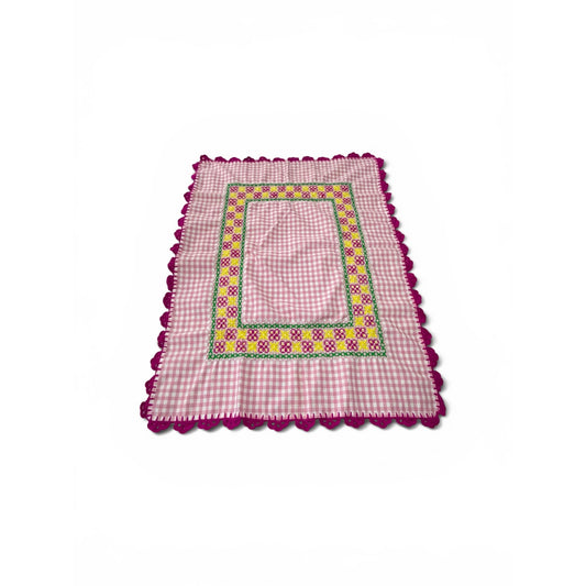 Vintage Pink Gingham Embroidered Table Topper Crochet Trim 33x25 Farmhouse Cottage