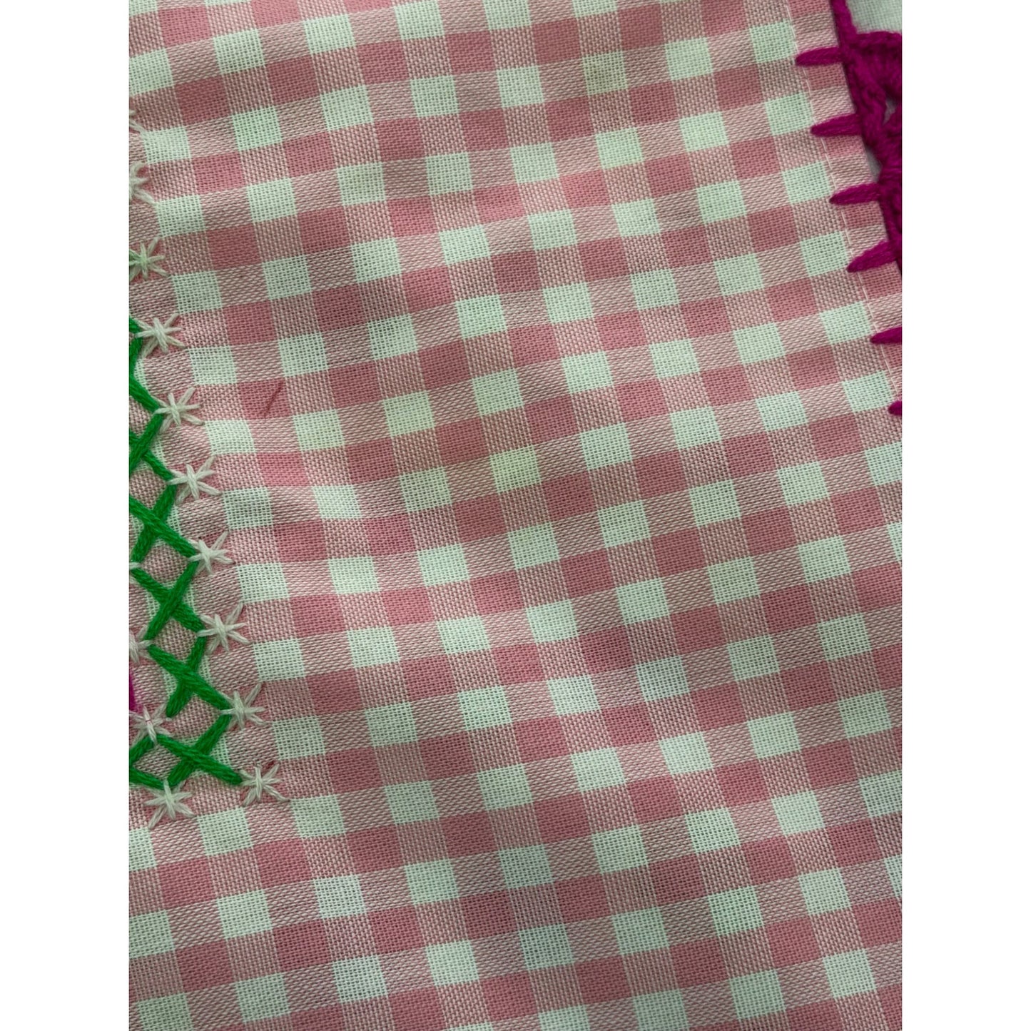 Vintage Pink Gingham Embroidered Table Topper Crochet Trim 33x25 Farmhouse Cottage