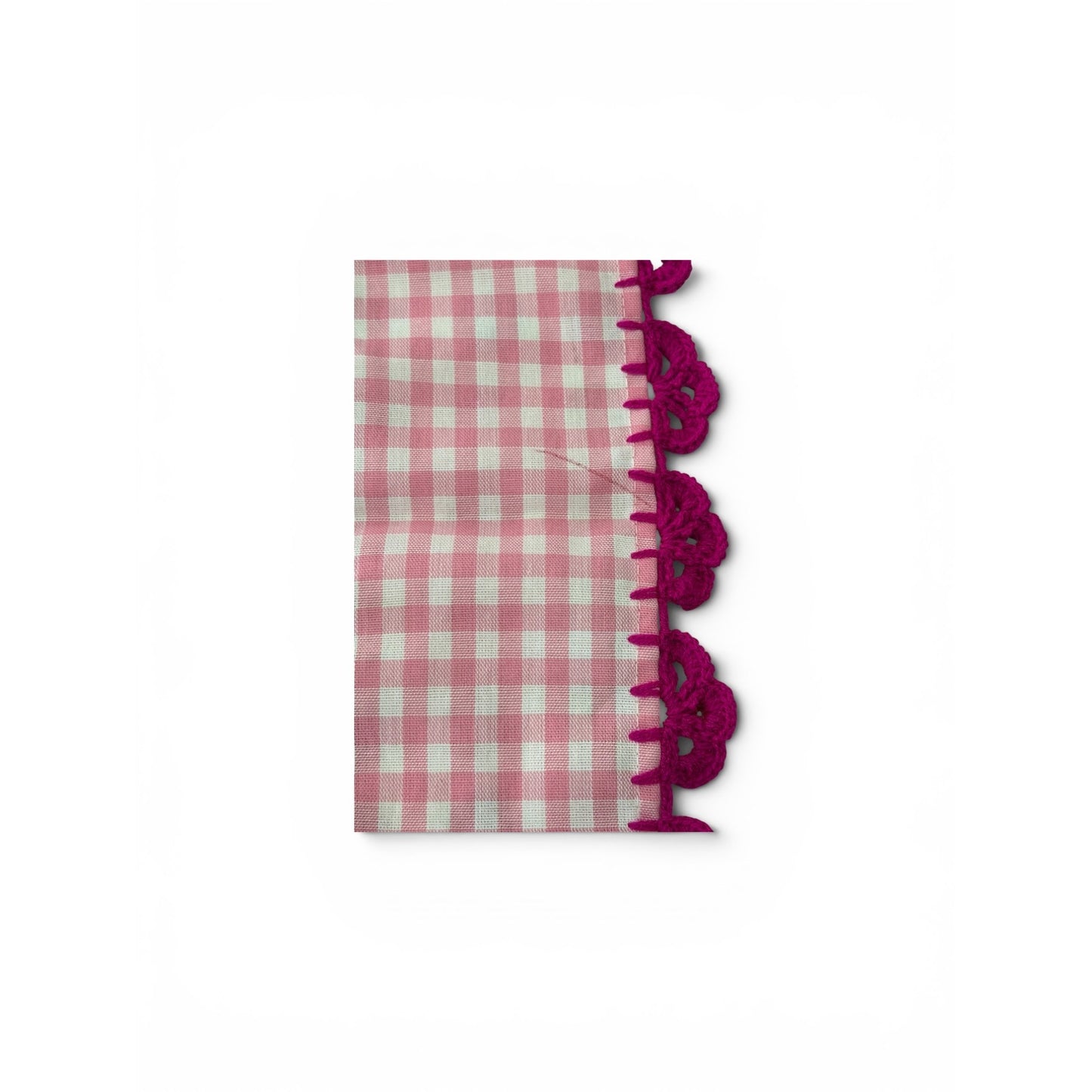Vintage Pink Gingham Embroidered Table Topper Crochet Trim 33x25 Farmhouse Cottage