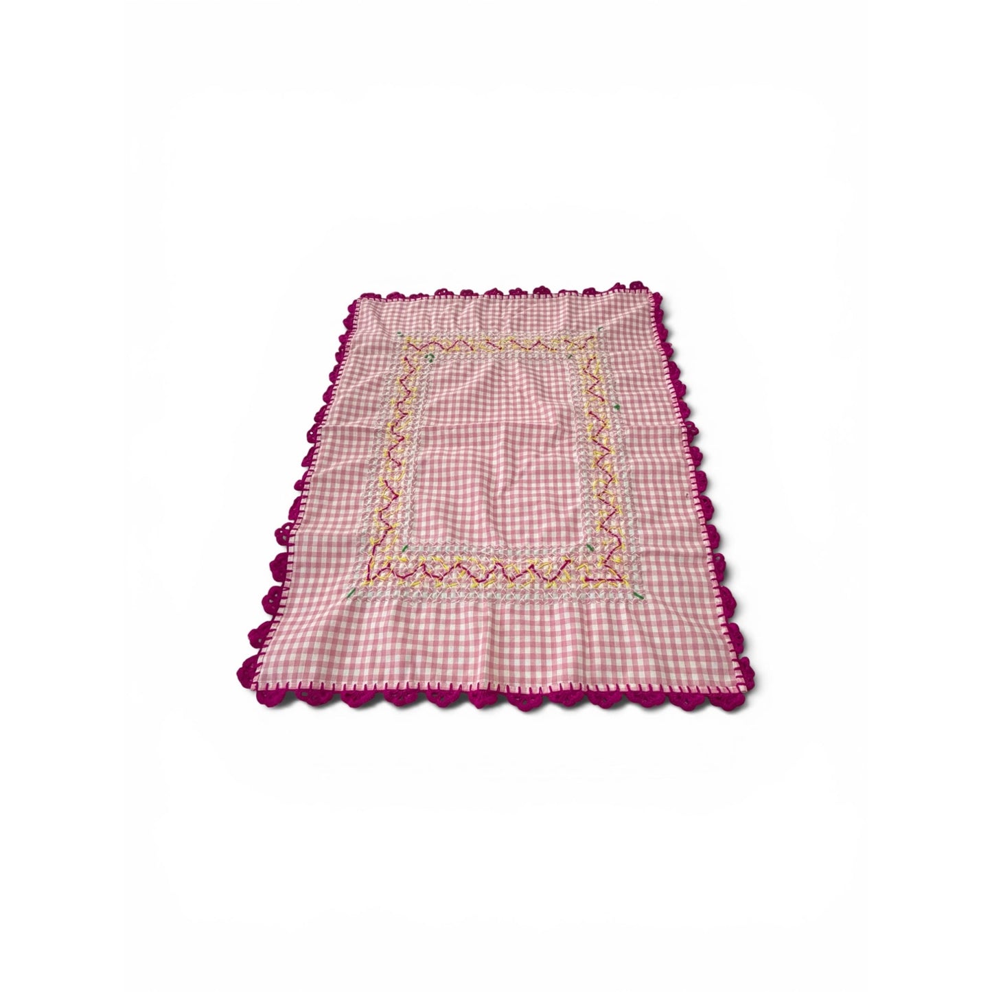 Vintage Pink Gingham Embroidered Table Topper Crochet Trim 33x25 Farmhouse Cottage