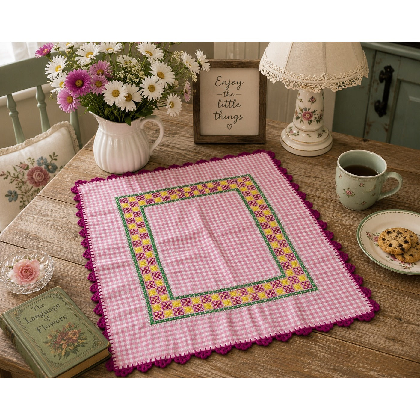 Vintage Pink Gingham Embroidered Table Topper Crochet Trim 33x25 Farmhouse Cottage