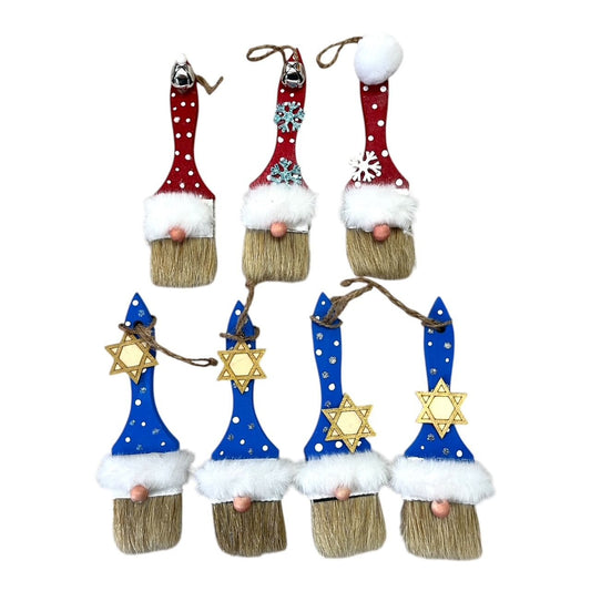 Set of 7 Handmade Paintbrush Gnome Ornaments – Christmas & Hanukkah Mixed Holiday Decor