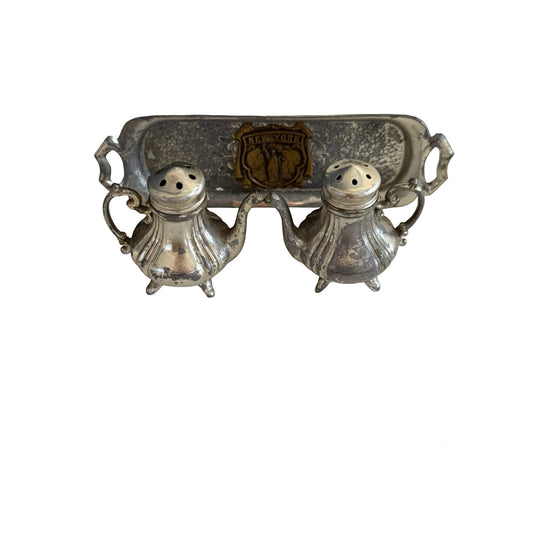 Vintage New York Souvenir Salt & Pepper Set with Tray Japan Mid Century Silverplate Double Shakers