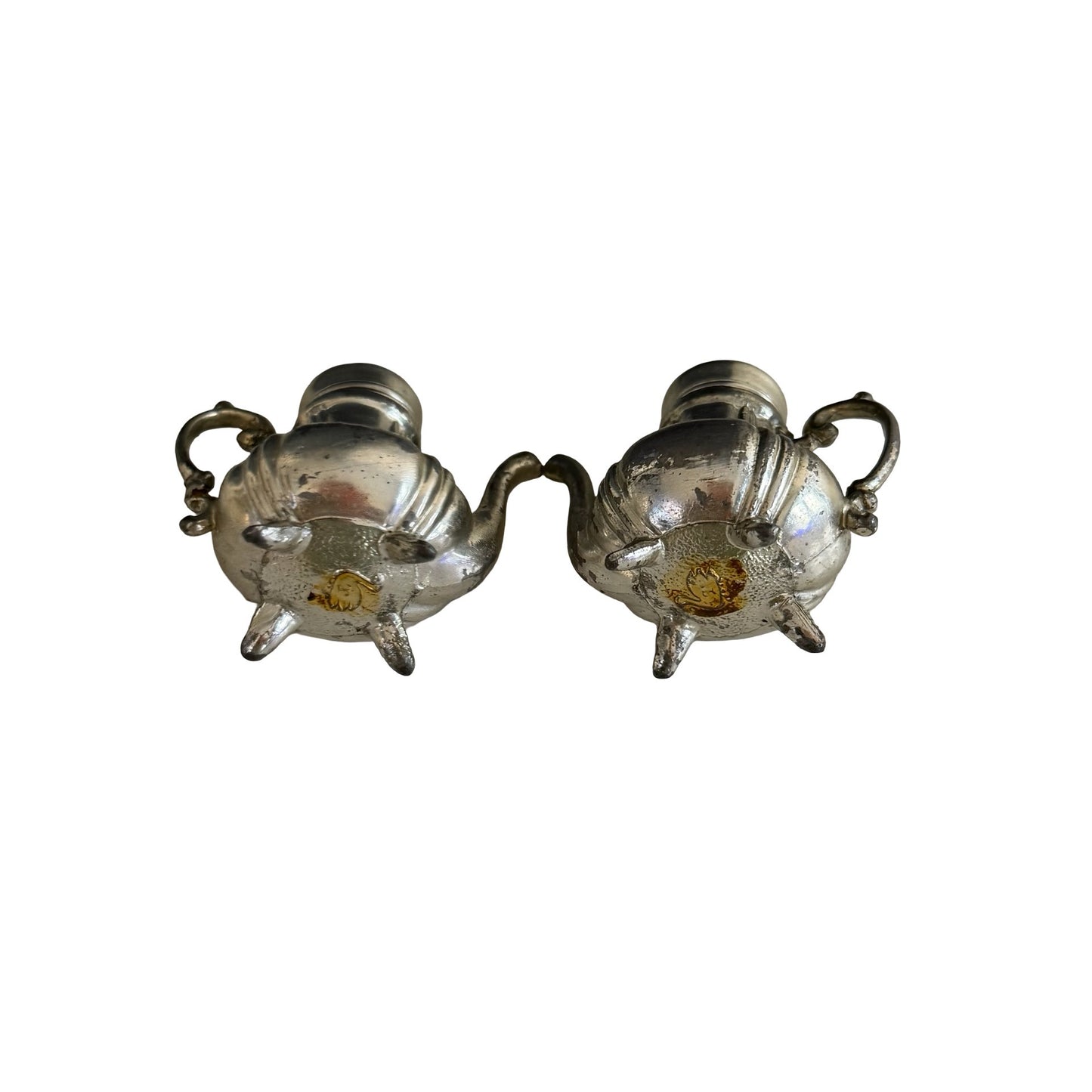 Vintage New York Souvenir Salt & Pepper Set with Tray Japan Mid Century Silverplate Double Shakers