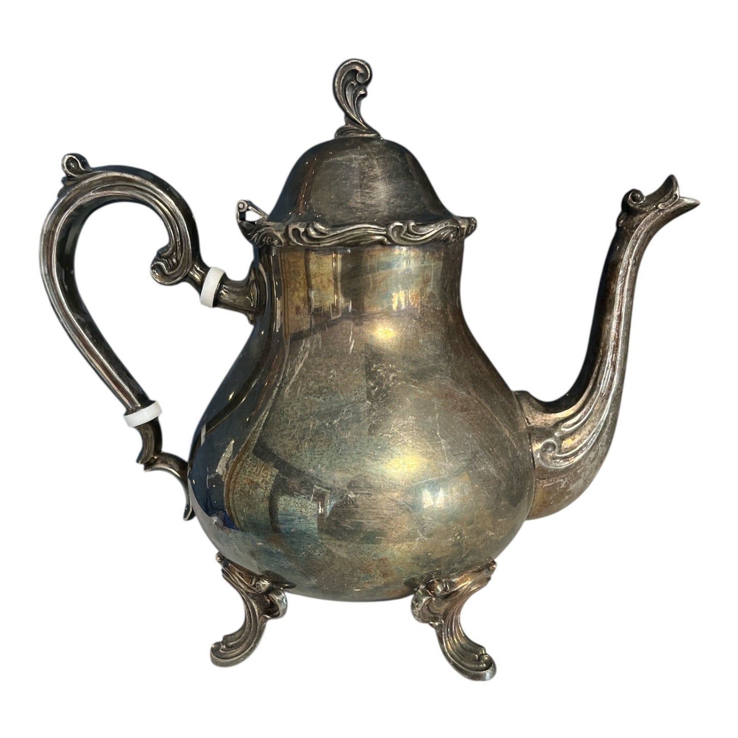 Vintage Leonard Silver Plate Coffee/Tea Pot – White Heat-Resistant Handle Accents
