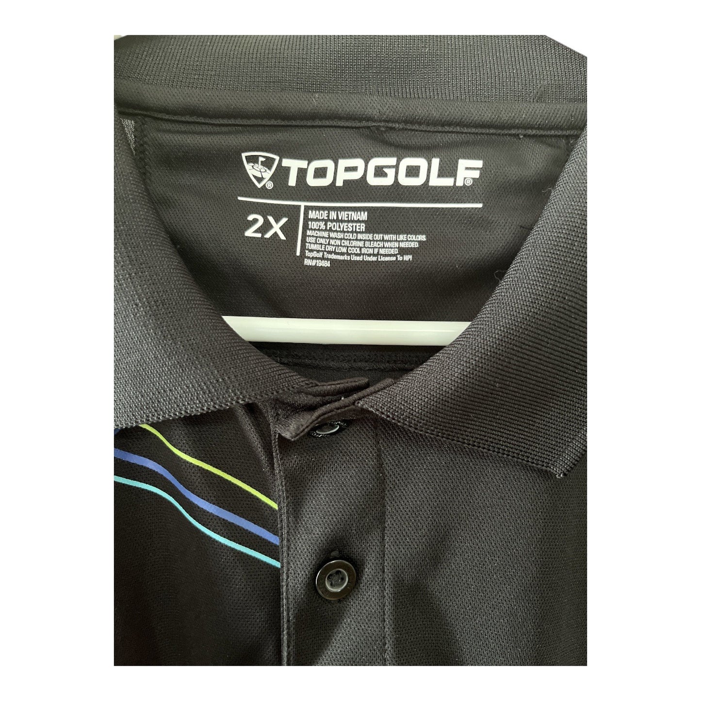 Topgolf Men’s 2XL Black Polo Shirt – Geometric Stripe Design – Short Sleeve Performance Polyester