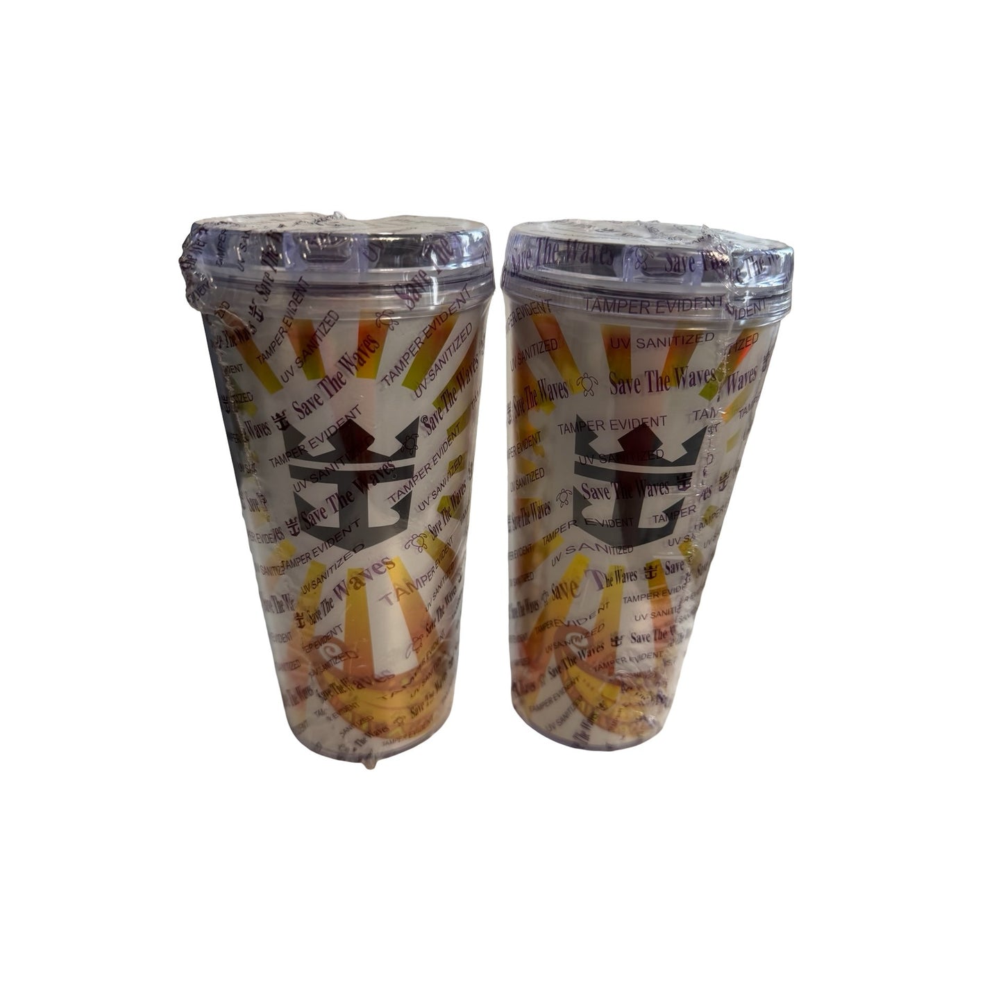 Royal Caribbean Coca-Cola Save The Waves Tumbler Set of 2 Cruise Cups Yellow Orange