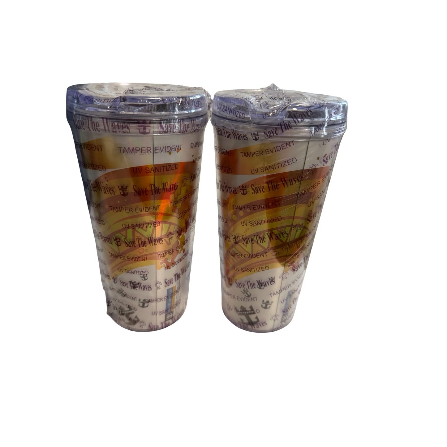 Royal Caribbean Coca-Cola Save The Waves Tumbler Set of 2 Cruise Cups Yellow Orange