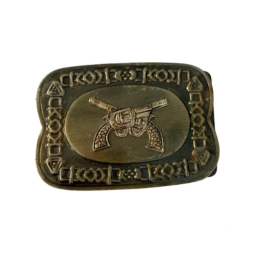 Vintage Western Cowboy Revolver Belt Buckle Hong Kong Crossed Pistols Bronze Tone
