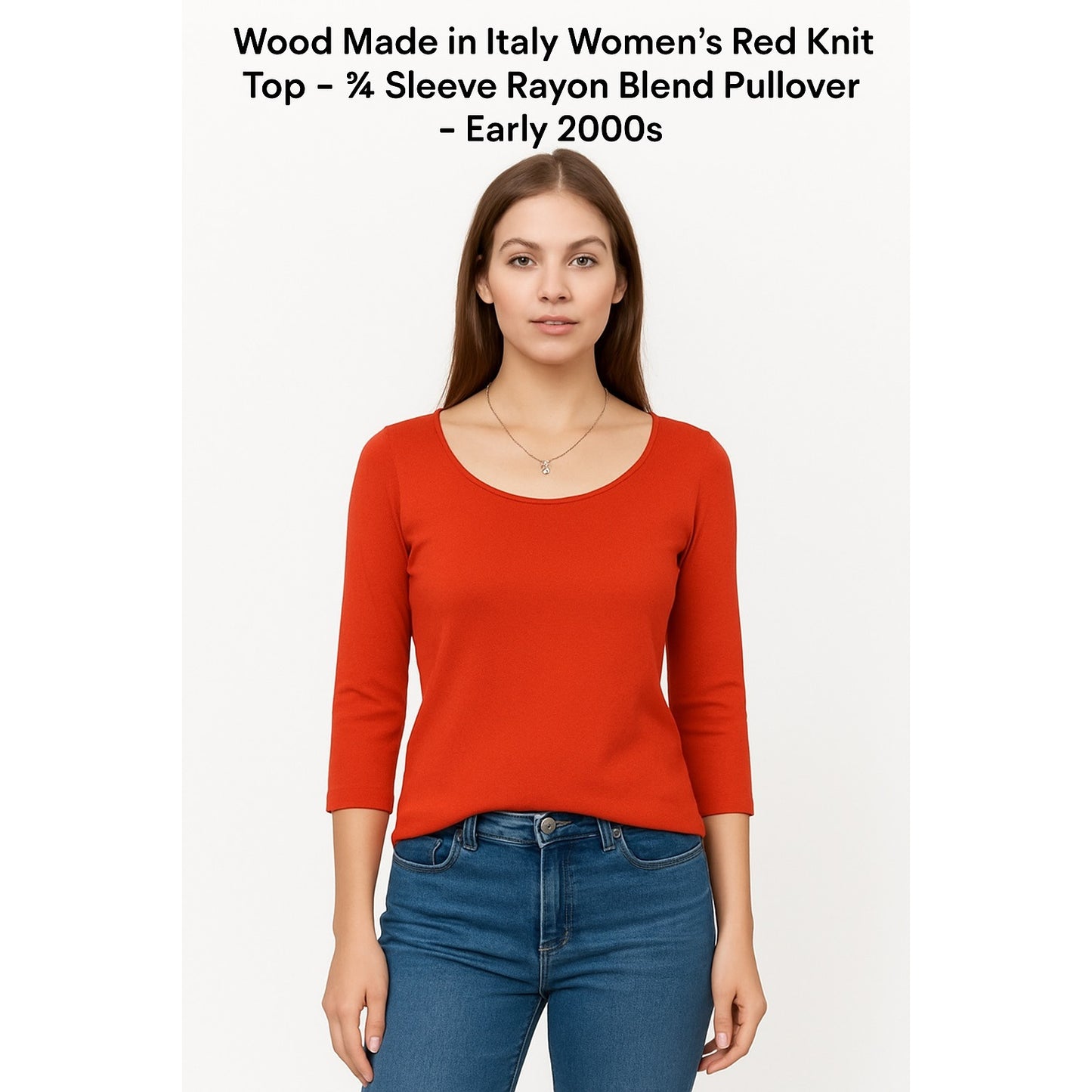 Wood Made in Italy Women’s Orange-Red Knit Top – ¾ Sleeve Rayon Blend Pullover – Early 2000s