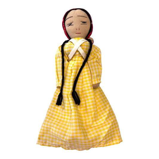 Vintage 1970s–80s Folk Art Cloth Doll with Baby – 13" Handmade Fabric Doll in Yellow Gingham Dress