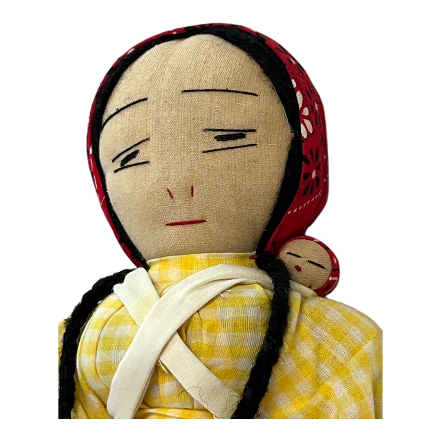 Vintage 1970s–80s Folk Art Cloth Doll with Baby – 13" Handmade Fabric Doll in Yellow Gingham Dress