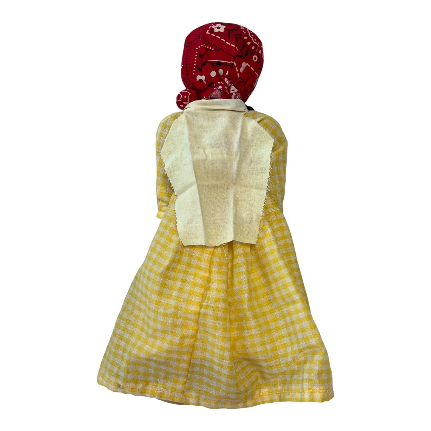 Vintage 1970s–80s Folk Art Cloth Doll with Baby – 13" Handmade Fabric Doll in Yellow Gingham Dress